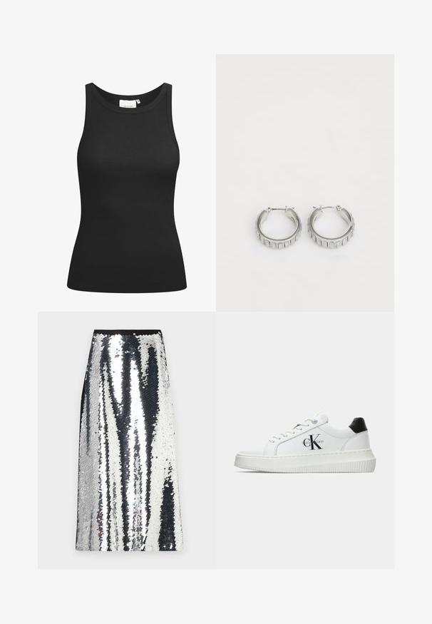 Crna majica bez rukava od rebraste tkanine, s izrezom u obliku suknje i priljubljenim oblikom. Ravni šavovi i bez ukrasa. Jednostavan i elegantan dizajn.; Srebrna maxi suknja s paillettesom ravnog kroja, s crnim pojasom i naizmjeničnim vertikalnim prugama od sjajnih paillettes.; Bijeli niskotoperani tenisice s crnom petom, platformom, vezicama i "CK" logotipom Calvin Kleina sa strane.; Srebrne naušnice na obruče s teksturiranim dizajnom koji sadrži vertikalne rebra. Okrugli oblik s sigurnim zatvaranjem. Glatka završna obrada.