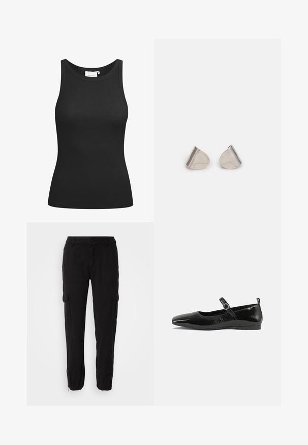 Musta hihaton paita ribbikankaasta, jossa on pyöreä kaula-aukko ja istuva muoto. Tasasaumat ja ei koristeita. Yksinkertainen ja tyylikäs muotoilu.; Mustat cargo-housut, joissa on useita sivutaskuja, nappikiinnitys ja vetoketjulliset lahkeet. Valmistettu sileästä ja kestävästä kankaasta.; Musta patenttinaahkakenkä litteällä pohjalla, terävä kärki, nilkkahihna soljella ja sileä, kiiltävä pinta. Matala korko mukavuutta varten.; Hopea metalliset korvakorut, joissa on sileä, pisaramainen muoto ja kiillotettu pinta. Huomaamattomat kaiverrukset lisäävät yksityiskohtia. Minimalistinen muotoilu.