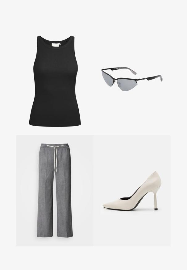 Must must have a ribatekstidist valmistatud must t-särk, millel on ümar kaelus ja sobiv kuju. Lamedad õmblused ja ilma kaunistusteta. Lihtne ja elegantne disain.; Hallide hallraidelised laiad püksid, mis on valmistatud tekstuuritud kangast. Omavad elastset vöökohta koos kreemivärvi paelaga.; HUGO KATNISS - Kõrge kontsaga kingad - natural; Mustad musta värvi päikeseprillid nurkse, kassisilma disainiga. Hõbedased peegeldavad läätsed. Ülimalt kerged plastikraamid, millel on templites peen bränding.; Mustast nahkclutch, millel on ristkülikuline kuju, sile tekstuur, lame klappkinnitus ja väike käepide külgedel. Omab peenelt logo.; Hõbedased metallkõrvarõngad sujuva pisarakuju ja poleeritud viimistlusega. Diskreetne graveering lisab detaile. Minimalistlik disain.