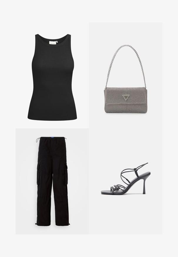 Schwarzes Tanktop aus Rippstoff mit Rundhalsausschnitt und figurbetonter Passform. Flache Nähte und keine Verzierungen. Einfaches und elegantes Design.; Schwarze Cargo-Hosen aus leichtem Material, mit einem elastischen Bund, mehreren Seitentaschen und verstellbaren Säumen für eine lockere Passform.; Schwarze, hochhackige Sandalen mit dünnen Riemen und einem geknoteten Design, einer glatten, rechteckigen Zehenpartie und einem eleganten Stiletto-Absatz.; Hellegraue metallische Handtasche mit einer Kettenriemen, verziert mit kleinen kreisförmigen metallic Nieten und einem dreieckigen Markenlogo.; Silberne Creolen mit einer glatten, glänzenden Oberfläche. Abgerundete Form, leichtes Design, mit einer Steckverschluss.