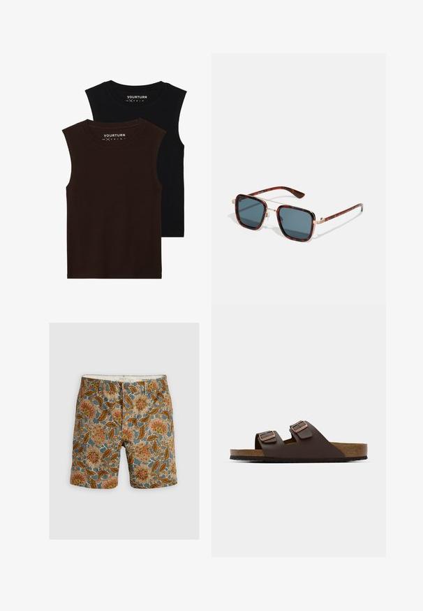 Zwei ärmellose, gerippte Tanktops in Dunkelbraun und Schwarz. Sie verfügen über einen runden Halsausschnitt und einen weichen, strukturierten Stoff.; Musterkurze Hosen mit blauem Hintergrund und floralen Designs in Braun, Orange und Creme. Aus Baumwolle mit Knopfverschluss gefertigt.; Braune, flache Riemchensandale mit zwei verstellbaren Riemen. Hergestellt aus einem glatten Material, mit einem Korkfußbett und einer strukturierten Gummisohle.; Schildpatt-Sonnenbrille mit dunkelgrauen Gläsern, quadratischer Form, goldenen Metallakzenten und schlanken Bügeln mit charakteristischen gestreiften Details.