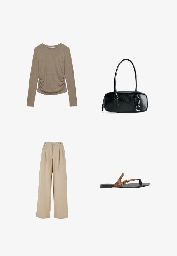 Top a maniche lunghe di un beige neutro con scollatura rotonda e dettagli arricciati ai lati. Realizzato in un morbido tessuto testurizzato.; Pantaloni beige a gamba larga con fronte plissettato, chiusura con bottone e una texture liscia. Presentano una vita sartoriale e tasche laterali.; Infradito in pelle marrone con un dettaglio in fibbia dorata, suola nera piatta e design minimalista, caratterizzato da una texture liscia.; Borsa a mano in pelle nera con forma rettangolare, texture liscia, due manici e dettagli in metallo argentato. Presenta una chiusura zipper e cuciture decorative.