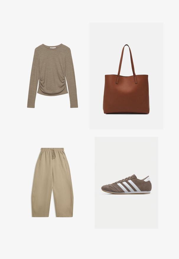 Hosszú ujjú, semleges bézs felső kerek nyakkivágással és oldalsó redőzéssel. Puha, texturált anyagból készült.; Beige, széles szárú nadrág puha anyagból, rugalmas derékkal, húzózsinórral és oldalsó zsebekkel. Sima textúra, egyszerű dizájn.; Barna velúr sportcipő fehér csíkokkal, kerek orral, fűzős kialakítással és gumitalppal. Textúrázott felsőrész varrási részletekkel.; Barna bőr vászontáska sima textúrával, nyitott tetejű dizájnnal és két vállpánttal. Minimális varrással és látható hardver nélkül készült.