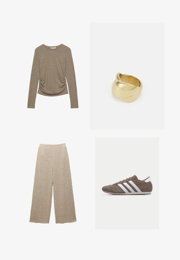 Dugi rukav, neutralni bež top s okruglim izrezom i detaljima na stranu. Napravljen od mekanog, teksturiranog materijala.; Bež hlače širokih nogavica napravljene od teksturirane tkanine s suptilnim uzorkom. Imaju opušteni pojas i slobodan kroj, što osigurava udobnost i lakoću.; Smeđi zamakani sportski tenisice s bijelim prugama, okrugli vrh, vezanje, i potplat od gumene smole. Teksture gornjeg dijela s detaljima šivanja.; Zlatni prsten s glatkim, uvrnutim dizajnom. Ima sjajnu površinu i zaobljene ivice, stvarajući besprijekoran, fluidan oblik.