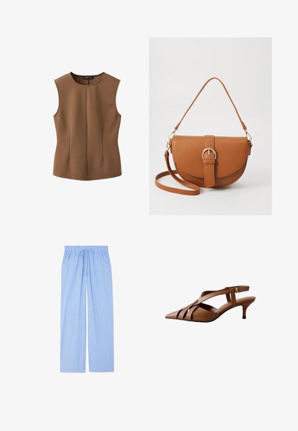 Top marrone senza maniche realizzato in tessuto testurizzato, con scollatura rotonda e due pieghe verticali sul davanti. Design semplice e aderente.; Pantaloni del pigiama blu con un motivo a righe verticali e piccoli disegni geometrici. Presenta una vita elastica con cordino e tasche laterali.; Décolleté slingback marroni in pelle con punta affilata, caratterizzate da più cinturini incrociati e un piccolo tacco, chiuse con una fibbia laterale.; Borsa a tracolla in pelle marrone con forma curvata, hardware dorato e un dettaglio con fibbia. Presenta una tracolla rimovibile.