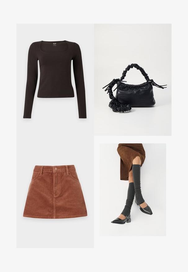 Svart langermet, tett topp med firkantet hals, merket GAP, vist på en hvit bakgrunn.; Brun kordfløyels mini skjørt med vertikal ribbete tekstur, frontlommer, knappelukking og rett snitt.; Sorte lakkpumps med spiss tå, blokkhel, og ankelstropp, kombinert med grå ribbestrikkede beinvarmere og et brunt semsket skinn skjørt.; Svart faux skinn-håndveske med krokodilletekstur, strammet topp og en rynket stropp. Ser myk og kompakt ut i designen.