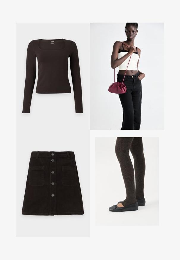 Juoda ilgomis rankovėmis, prigludusi bluzonėlė su kvadratine iškirpte, žymėta GAP, rodoma baltame fone.; Ruda velveto A formos sijonas su mygtukų uždarymu priekyje, dviem priekinėm kišenėm ir tekstūruotais vertikaliais dryžiais. Standartinė juosmens juosta su diržo kilpomis.; Juodos plokščios bateliai su maža kaspinėlio detale prie pirštų, derinami su tamsiai rudos spalvos raukšlėtomis pėdkelnėmis. Bateliai turi lygų paviršių ir žemą profilį.; Bordo minkštas audinys rankinukas su susiraukšlėjimu ir ilgu dirželiu, dėvimas per kūną. Modelis vilki baltą trumpą palaidinę ir juodas džinsus.