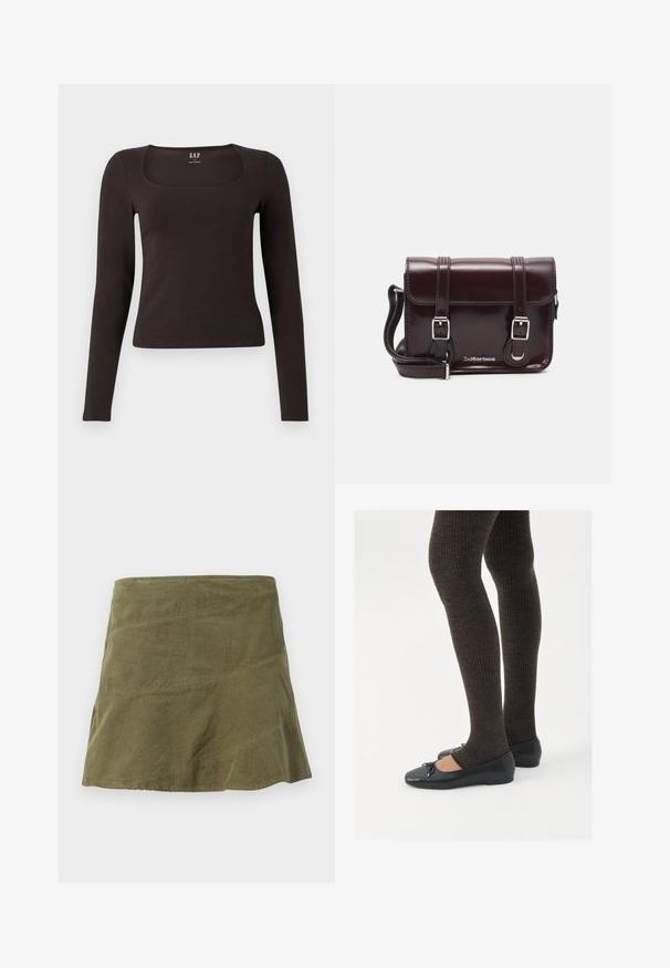 Haut noir à manches longues, ajusté, avec un décolleté carré, étiqueté GAP, affiché sur un fond blanc.; Jupe en velours côtelé vert olive à forme évasée, avec des coutures diagonales et une texture subtile. Modèle mi-long sans fermetures visibles.; Chaussures plates noires avec un petit nœud au niveau des orteils, associées à des collants côtelés marron foncé. Les chaussures ont une texture lisse et un profil bas.; Sac à bandoulière en cuir verni bordeaux, de forme rectangulaire, avec deux bandoulières, des accessoires en argent et une fermeture à rabat.