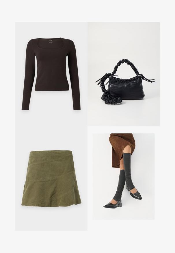 Sort langærmet, tætsiddende top med firkantet halsudskæring, mærket GAP, præsenteret mod en hvid baggrund.; Olivenfarvet fløjlskørt med en svajet form, der har skrå sømme og en subtil tekstur. Mellemlangt design uden synlige lukninger.; Sorte patenterede lædersko med spids tå, blokhæl og ankelrem, kombineret med grå ribbede benvarmere og en brun ruskinds nederdel.; Sort kunstlæder håndtaske med krokodilteksur, indsnøret top og en sammenkrøben rem. Ser blød og kompakt ud i designet.