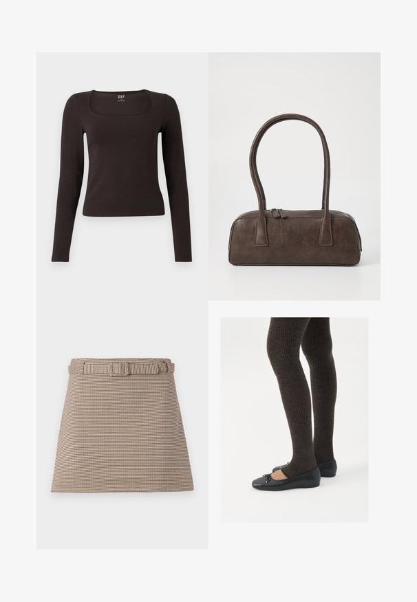 Black long-sleeve, fitted top with a square neckline, labeled GAP, displayed on a white background.; Brown and beige houndstooth-patterned shorts with a belted waist and clean lines, tailored structure, and smooth fabric texture.; Black flat shoes with a small bow detail at the toe, paired with dark brown ribbed tights. Shoes have a smooth texture and low profile.; Brown leather handbag with two sturdy handles, rectangular shape, smooth texture, and zip closure. Minimalist design with no visible patterns.