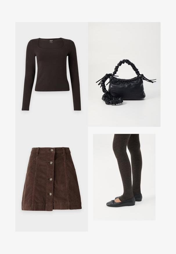 Fekete, hosszú ujjú, elasztikus felső négyzet alakú dekoltázzsal, GAP felirattal, fehér háttér előtt bemutatva.; Barna kordbársonyos A-vonalú szoknya elöl gombos záródással és oldalsó zsebekkel, övhurkokkal és függőleges varrást részletekkel.; Fekete lapos cipők kis masni díszítéssel az orrán, sötétbarna bordázott harisnyával párosítva. A cipők sima textúrával és alacsony profilúak.; Fekete műbőr kézi táska krokodil bőr textúrával, összehúzható tetejű és gyűrt pánttal. Lágy és kompakt dizájnúnak tűnik.