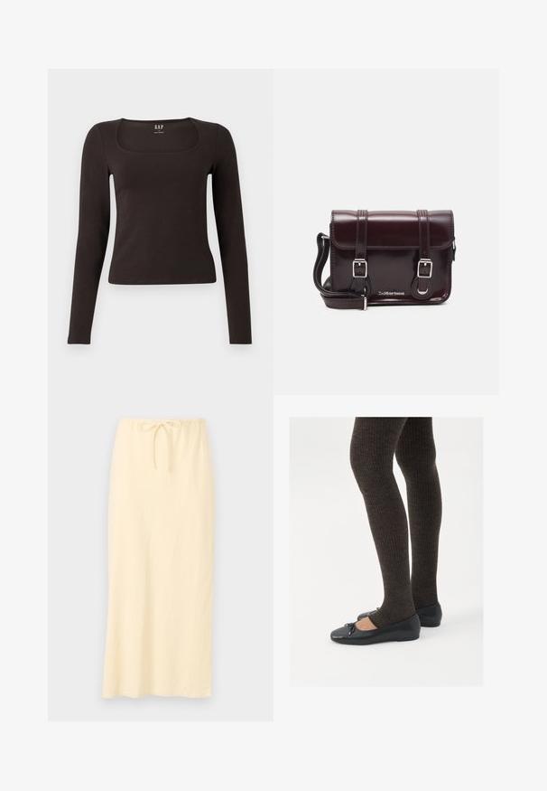 Must musta, sobiv ülikond, neljakandiline kaelus, sildiga GAP, valge tausta peal.; Hele kollane pikk seelik, mis on valmistatud hingavast kangast, ning elastsest vöökohtast, millel on reguleeritav string. Sile tekstuur, ilma mustriteta.; Mustad mustad kingad väikese teksaga varvaste juures, koos tumedate pruunide ribakangastega. Kingadel on sile tekstuur ja madal profiil.; Burgundi värvi patendiga nahast risti koti, millel on ristkülikuline kuju, kaks rihma, hõbedased detailid ja klapi sulgur.