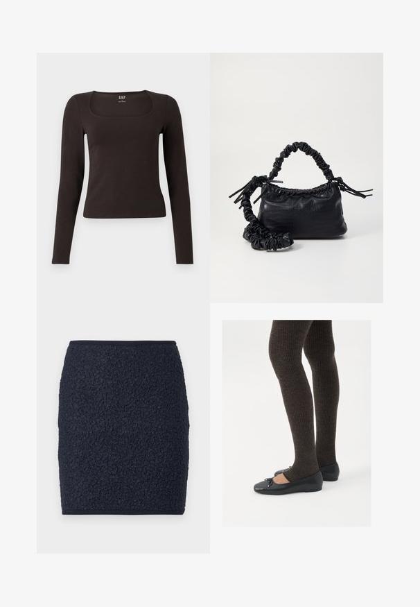 Svart langermet, tett topp med firkantet hals, merket GAP, vist på en hvit bakgrunn.; Marineblå skjørt med et teksturert, boucle stoff. Rett design med en tettsittende silhuett og en enkel midjebånd. Ingen synlige lukninger eller detaljer.; Sorte flate sko med en liten sløyfedetalj på tåen, kombinert med mørkebrune ribbede strømpebukser. Skoene har en glatt overflate og lav profil.; Svart faux skinn-håndveske med krokodilletekstur, strammet topp og en rynket stropp. Ser myk og kompakt ut i designen.