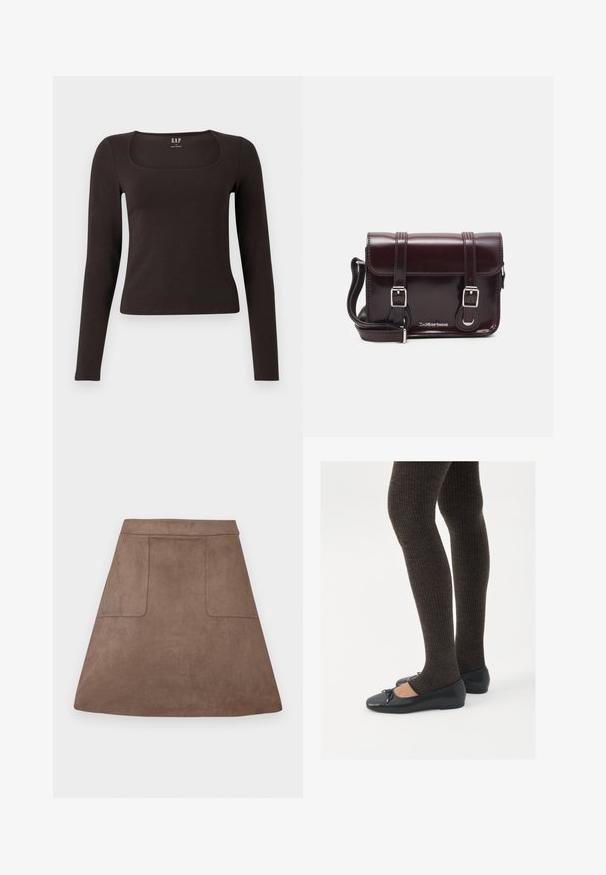 Fekete, hosszú ujjú, elasztikus felső négyzet alakú dekoltázzsal, GAP felirattal, fehér háttér előtt bemutatva.; Barna velúr A vonalú szoknya sima textúrával, két elülső zsebbel és varrás nélküli derékkal, térd fölé érő hosszban tervezve.; Fekete lapos cipők kis masni díszítéssel az orrán, sötétbarna bordázott harisnyával párosítva. A cipők sima textúrával és alacsony profilúak.; Burgundy lakkbőr keresztpántos táska téglalap alakú, két pánttal, ezüst színű szerelvényekkel és fedélzárral.