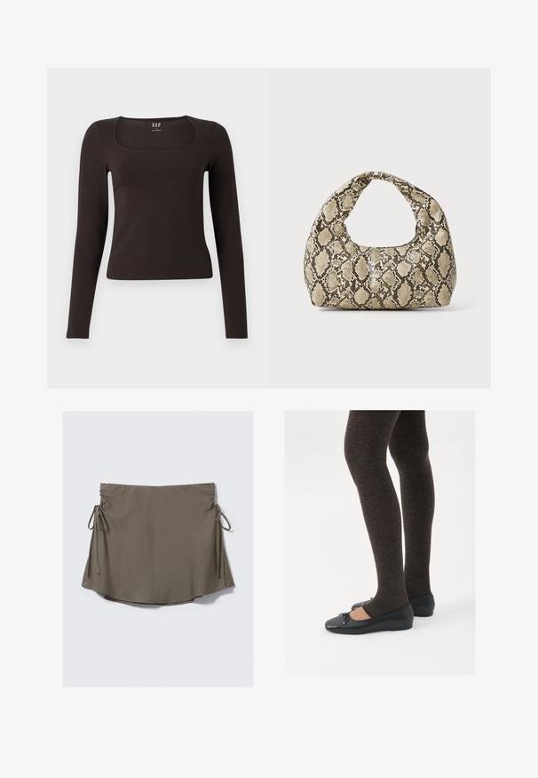 Schwarzes, langärmliges, figurbetontes Oberteil mit quadratischem Ausschnitt, gekennzeichnet mit GAP, vor einem weißen Hintergrund präsentiert.; Brauner kurzer Rock mit verstellbaren Seitenschnüren und gerafftem Detail auf beiden Seiten, vor einem schlichten weißen Hintergrund präsentiert.; Schwarze flache Schuhe mit einem kleinen Schleifendetail an der Zehe, kombiniert mit dunkelbraunen gerippten Strumpfhosen. Die Schuhe haben eine glatte Textur und ein niedriges Profil.; Schlangenmuster-Tasche mit einem gebogenen Griff. Hergestellt aus strukturierten, beige- und braunfarbenen Materialien, die ein markantes Diamantmuster aufweisen.