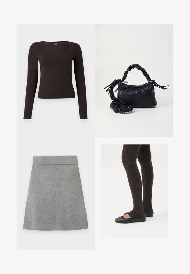 Svart langermet, tett topp med firkantet hals, merket GAP, vist på en hvit bakgrunn.; Grå strikket A-linje skjørt med bredt liv og jevn tekstur, vist mot en hvit bakgrunn.; Sorte flate sko med en liten sløyfedetalj på tåen, kombinert med mørkebrune ribbede strømpebukser. Skoene har en glatt overflate og lav profil.; Svart faux skinn-håndveske med krokodilletekstur, strammet topp og en rynket stropp. Ser myk og kompakt ut i designen.