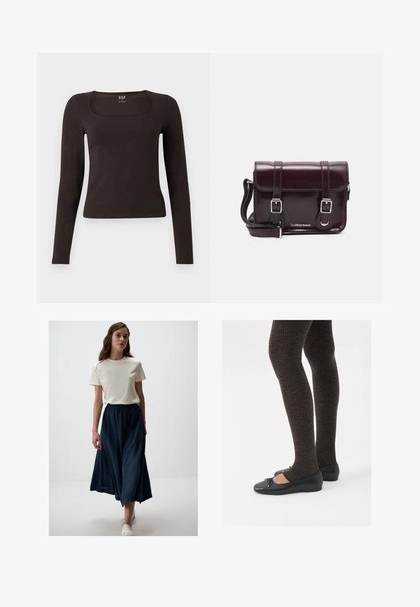 Zwarte lange mouwen, getailleerde top met een vierkante halslijn, gelabeled GAP, weergegeven op een witte achtergrond.; Wit T-shirt met korte mouwen gecombineerd met een lange marineblauwe jurk met een elastische taille, een gladde textuur en een subtiel drapeereffect.; Zwarte platte schoenen met een kleine strikdetail op de neus, gecombineerd met donkerbruine geribbelde panty’s. De schoenen hebben een gladde textuur en een lage profiel.; Bordeaux patent leren crossbody tas met een rechthoekige vorm, twee banden, zilveren hardware en een klep sluiting.