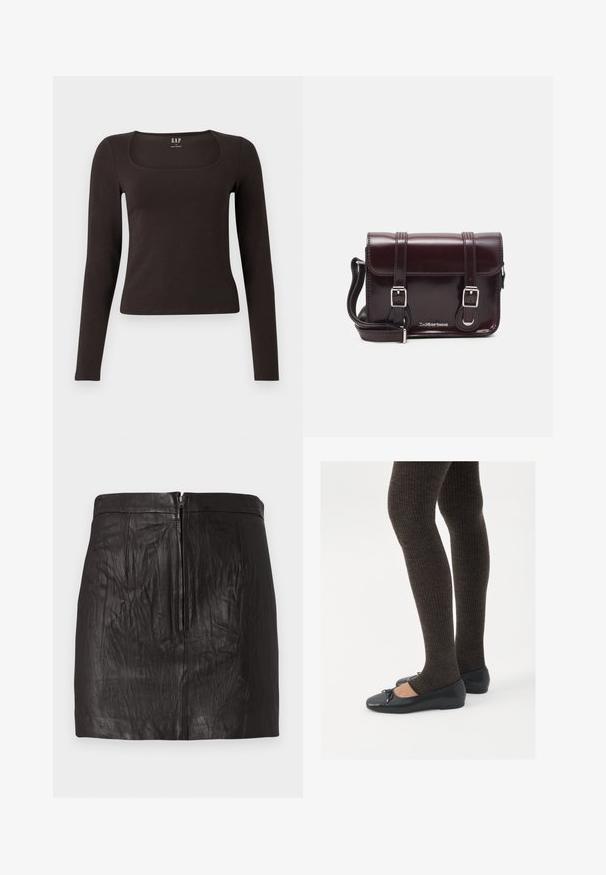 Haut noir à manches longues, ajusté, avec un décolleté carré, étiqueté GAP, affiché sur un fond blanc.; Mini-jupe en cuir noir avec une fermeture éclair frontale et de subtils détails de coutures verticales sur fond uni.; Chaussures plates noires avec un petit nœud au niveau des orteils, associées à des collants côtelés marron foncé. Les chaussures ont une texture lisse et un profil bas.; Sac à bandoulière en cuir verni bordeaux, de forme rectangulaire, avec deux bandoulières, des accessoires en argent et une fermeture à rabat.