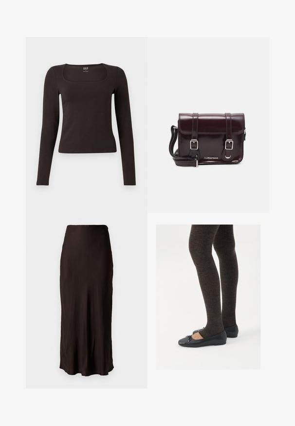Maglietta nera a maniche lunghe, aderente, con scollatura quadrata, etichettata GAP, esposta su uno sfondo bianco.; Gonna nera di lunghezza media realizzata in tessuto leggero e liscio, con una forma dritta e una fessura laterale. Presenta una semplice vita.; Scarpe nere a flat con un piccolo fiocco sulla punta, abbinate a collant a coste marrone scuro. Le scarpe hanno una texture liscia e un profilo basso.; Borsa a tracolla in pelle verniciata bordeaux con forma rettangolare, due manici, accessori in argento e chiusura a patta.