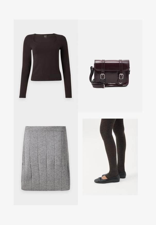 Crna majica dugih rukava, uskog kroja s kvadratnim izrezom, označena s GAP, prikazana na bijeloj pozadini.; Object OBJTHESS - Mini suknja - medium grey; Crne ravne cipele s malim mašnom na vrhu prstiju, uparene s tamnosmešnim rebrovanim čarapama. Cipele imaju glatku teksturu i nizak profil.; Tamnocrvena lakirana kožna torba preko ramena pravokutnog oblika, s dva remena, srebrnim hardverom i preklopnim zatvaranjem.