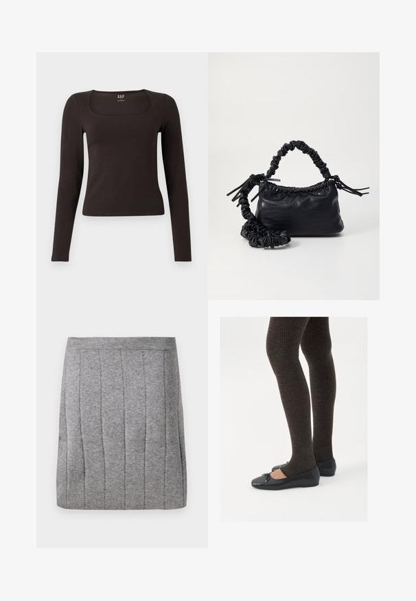 Čierny priliehavý top s dlhým rukávom a štvorcovým výstrihom, označený značkou GAP, zobrazený na bielom pozadí.; Object OBJTHESS - Minisukňa - medium grey; Čierne ploché topánky s malou mašľou na špičke, v kombinácii s tmavohnedými rebrovanými pančuchami. Topánky majú hladký povrch a nízky profil.; Čierna umelá kožená kabelka s kroko vzorom, sťahovaným vrchom a zhnutým popruhom. Vyzerá mäkko a kompaktné v dizajne.
