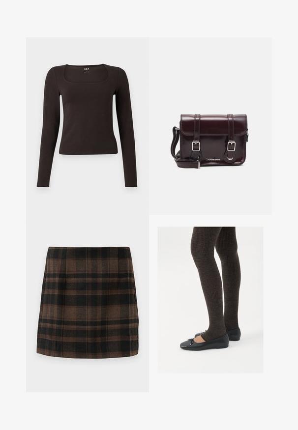 Musta pitkähihainen, slim fit -paita, jossa on neliömäinen kaula-aukko, merkitty GAP, esillä valkoisella taustalla.; Ruudullinen mini-hame ruskeassa, mustassa ja vaaleanruskeassa sävyssä, valmistettu teksturoidusta kankaasta. Hameessa on tiukka malli ja sivusaumat rakenteen saavuttamiseksi.; Mustat matalat kengät, joissa on pieni nauha varpaissa, yhdistettynä tummanruskeisiin ribattuisiin sukkahousuihin. Kengissä on sileä pinta ja matala profiili.; Burgundin värinen lakattu nahkainen olkapussukka, jossa on suorakulmainen muoto, kaksi hihnaa, hopeiset yksityiskohdat ja läppäkiinnitys.