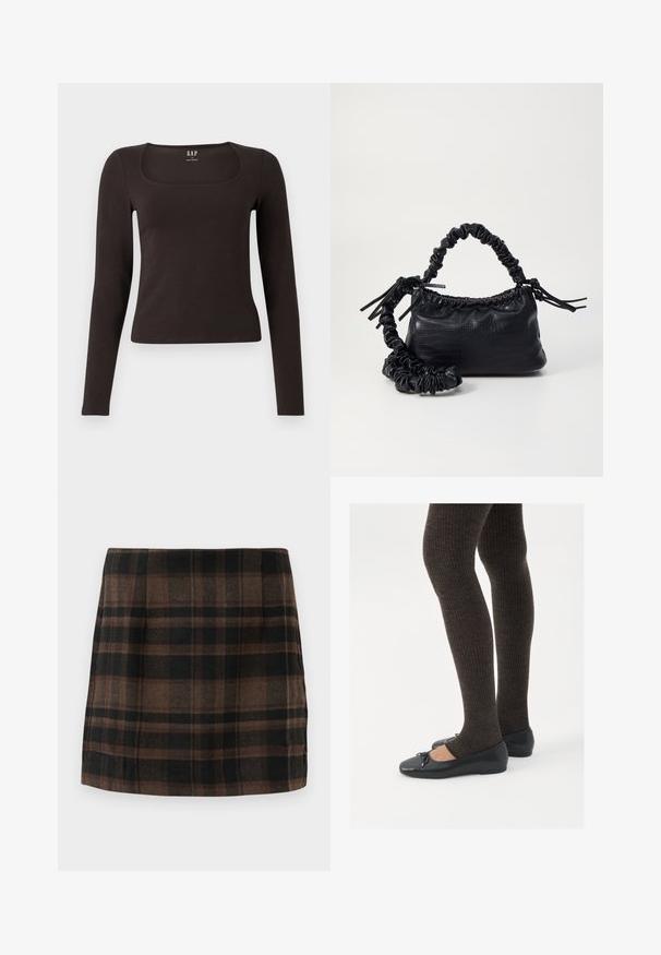 Crna majica dugih rukava, uskog kroja s kvadratnim izrezom, označena s GAP, prikazana na bijeloj pozadini.; Karirana mini suknja u smešnim, crnim i peščanim tonovima, napravljena od teksturirane tkanine, sa prilagođenim dizajnom i bočnim šavovima za strukturu.; Crne ravne cipele s malim mašnom na vrhu prstiju, uparene s tamnosmešnim rebrovanim čarapama. Cipele imaju glatku teksturu i nizak profil.; Crna torba od umjetne kože s teksturom krokodila, s cinčanim vrhom i naboranom trakom. Izgleda mekano i kompaktno u dizajnu.