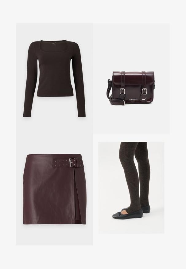 Haut noir à manches longues, ajusté, avec un décolleté carré, étiqueté GAP, affiché sur un fond blanc.; Jupe en simili cuir bordeaux avec une taille ceinturée et une boucle métallique, présentant une fente sur le côté et une texture lisse et polie.; Chaussures plates noires avec un petit nœud au niveau des orteils, associées à des collants côtelés marron foncé. Les chaussures ont une texture lisse et un profil bas.; Sac à bandoulière en cuir verni bordeaux, de forme rectangulaire, avec deux bandoulières, des accessoires en argent et une fermeture à rabat.