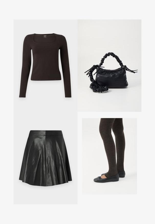 Čierny priliehavý top s dlhým rukávom a štvorcovým výstrihom, označený značkou GAP, zobrazený na bielom pozadí.; Čierna rozšírená sukňa z faux kože s panelovým šitím a priliehavým pásom na jednoduchom svetlom pozadí.; Čierne ploché topánky s malou mašľou na špičke, v kombinácii s tmavohnedými rebrovanými pančuchami. Topánky majú hladký povrch a nízky profil.; Čierna umelá kožená kabelka s kroko vzorom, sťahovaným vrchom a zhnutým popruhom. Vyzerá mäkko a kompaktné v dizajne.