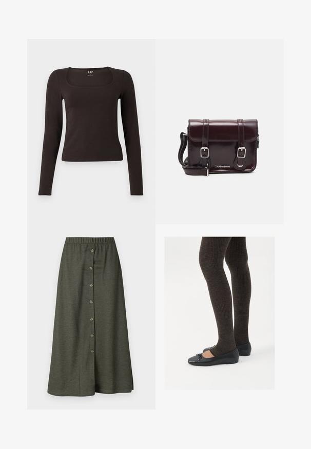 Juoda ilgomis rankovėmis, prigludusi bluzonėlė su kvadratine iškirpte, žymėta GAP, rodoma baltame fone.; Chaki ilgio sijonas su aštuoniais sagomis priekyje, elastine juosmens juosta ir glotnia, lengva medžiaga.; Juodos plokščios bateliai su maža kaspinėlio detale prie pirštų, derinami su tamsiai rudos spalvos raukšlėtomis pėdkelnėmis. Bateliai turi lygų paviršių ir žemą profilį.; Bordo lakinės odos krepšys per petį, stačiakampio formos, su dviem diržais, sidabrinėmis detalėmis ir užtraukiama kiautu.