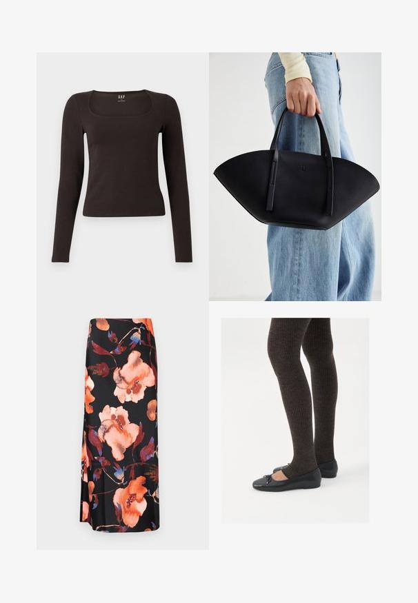 Crna majica dugih rukava, uskog kroja s kvadratnim izrezom, označena s GAP, prikazana na bijeloj pozadini.; Floralna midi suknja s crnom pozadinom i velikim narančastim i plavim akvarelnim cvjetovima; glatka tkanina s laganim sjajem.; Crne ravne cipele s malim mašnom na vrhu prstiju, uparene s tamnosmešnim rebrovanim čarapama. Cipele imaju glatku teksturu i nizak profil.; Crna kožna torba jedinstvenog oblika ventilatora, s ravnim ručkama. Površina ima teksturu sličnu šljunku i minimalistički dizajn.