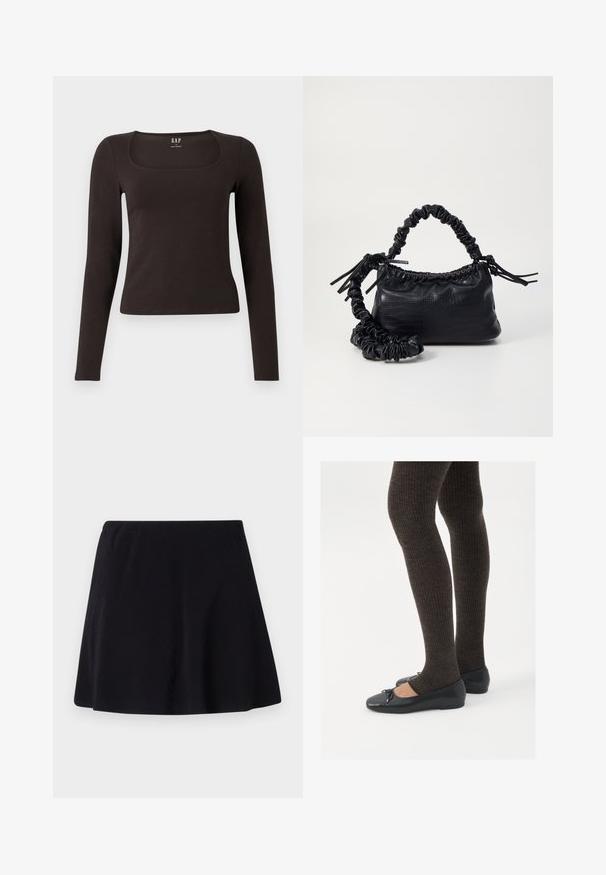 Zwarte lange mouwen, getailleerde top met een vierkante halslijn, gelabeled GAP, weergegeven op een witte achtergrond.; Zwarte rok, boven de knie, gemaakt van lichtgewicht stof met een subtiele textuur, heeft een uitlopende ontwerp en een elastische tailleband.; Zwarte platte schoenen met een kleine strikdetail op de neus, gecombineerd met donkerbruine geribbelde panty’s. De schoenen hebben een gladde textuur en een lage profiel.; Zwarte nepleer handtas met een krokodillenstructuur, opgedroogde bovenkant en een gekreukte hengsel. Het lijkt zacht en compact van ontwerp.