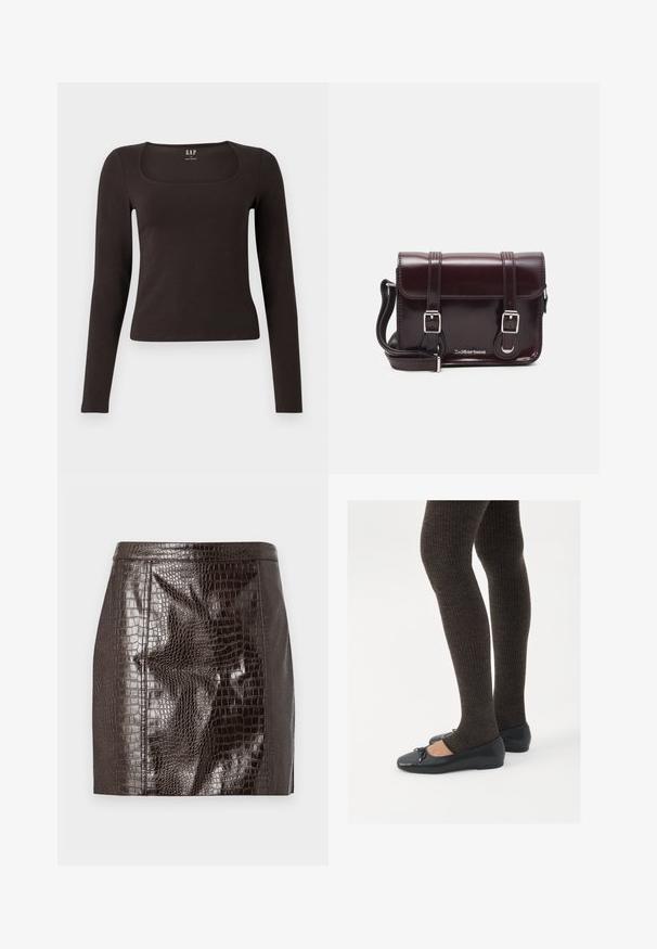 Musta pitkähihainen, slim fit -paita, jossa on neliömäinen kaula-aukko, merkitty GAP, esillä valkoisella taustalla.; Tummanruskea tekokrokotiilinnahasta valmistettu mini hame, jossa on paneelisaumat ja suora helma.; Mustat matalat kengät, joissa on pieni nauha varpaissa, yhdistettynä tummanruskeisiin ribattuisiin sukkahousuihin. Kengissä on sileä pinta ja matala profiili.; Burgundin värinen lakattu nahkainen olkapussukka, jossa on suorakulmainen muoto, kaksi hihnaa, hopeiset yksityiskohdat ja läppäkiinnitys.