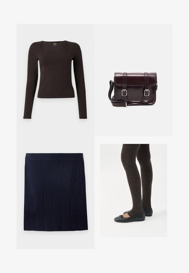 Schwarzes, langärmliges, figurbetontes Oberteil mit quadratischem Ausschnitt, gekennzeichnet mit GAP, vor einem weißen Hintergrund präsentiert.; Object OBJTHESS - Minirock - sky captain; Schwarze flache Schuhe mit einem kleinen Schleifendetail an der Zehe, kombiniert mit dunkelbraunen gerippten Strumpfhosen. Die Schuhe haben eine glatte Textur und ein niedriges Profil.; Burgunderfarbene Patelleder-Crossbody-Tasche mit rechteckiger Form, zwei Riemen, silberfarbener Hardware und einem Klappenverschluss.