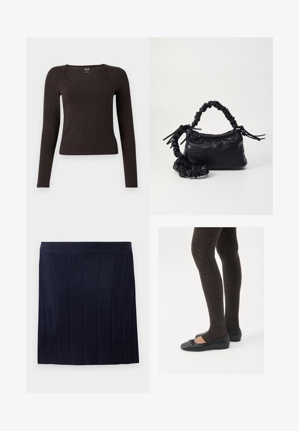 Juoda ilgomis rankovėmis, prigludusi bluzonėlė su kvadratine iškirpte, žymėta GAP, rodoma baltame fone.; Object OBJTHESS - Mini sijonas - sky captain; Juodos plokščios bateliai su maža kaspinėlio detale prie pirštų, derinami su tamsiai rudos spalvos raukšlėtomis pėdkelnėmis. Bateliai turi lygų paviršių ir žemą profilį.; Juodas dirbtinės odos rankinė su krokodilo tekstūra, sušnibždinta viršuje ir susikraipytu dirželiu. Atrodo minkšta ir kompaktiška.