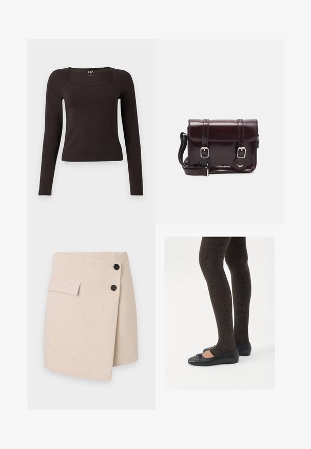 Haut noir à manches longues, ajusté, avec un décolleté carré, étiqueté GAP, affiché sur un fond blanc.; Jupe enveloppante beige en tissu texturé, avec une poche latérale, deux boutons noirs et un ourlet légèrement arrondi.; Chaussures plates noires avec un petit nœud au niveau des orteils, associées à des collants côtelés marron foncé. Les chaussures ont une texture lisse et un profil bas.; Sac à bandoulière en cuir verni bordeaux, de forme rectangulaire, avec deux bandoulières, des accessoires en argent et une fermeture à rabat.