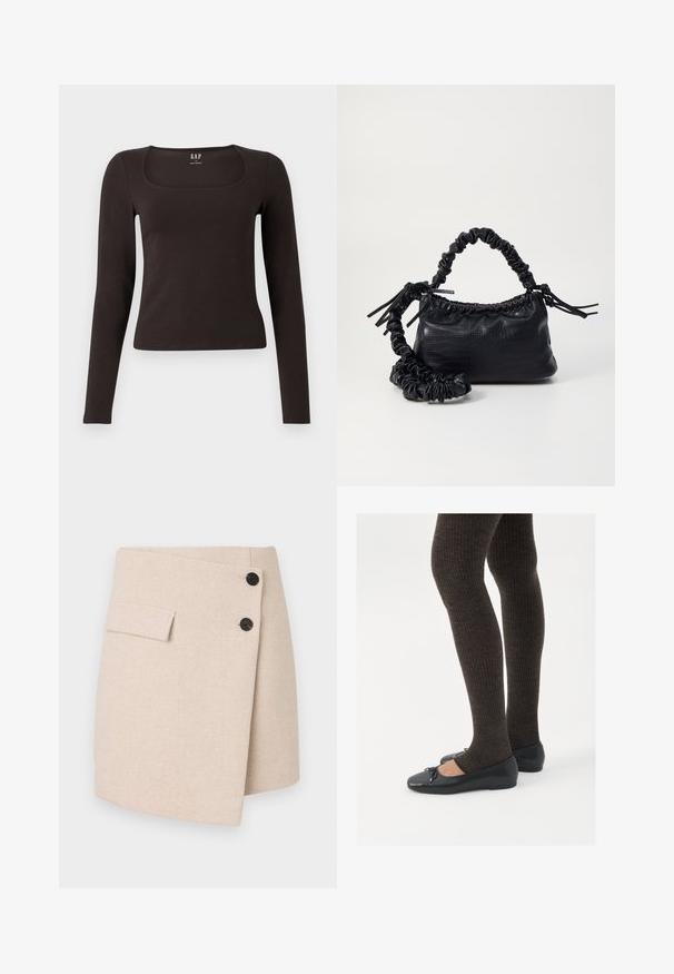 Black long-sleeve, fitted top with a square neckline, labeled GAP, displayed on a white background.; Beige wrap skirt in a textured fabric, featuring a side pocket, two black buttons, and a slightly curved hemline.; Black flat shoes with a small bow detail at the toe, paired with dark brown ribbed tights. Shoes have a smooth texture and low profile.; Black faux leather handbag with a crocodile texture, cinched top, and a scrunched strap. Appears soft and compact in design.