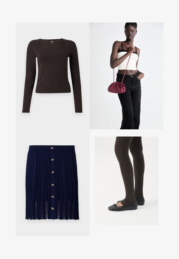 Schwarzes, langärmliges, figurbetontes Oberteil mit quadratischem Ausschnitt, gekennzeichnet mit GAP, vor einem weißen Hintergrund präsentiert.; Maje JITOURA - Minirock - marine; Schwarze flache Schuhe mit einem kleinen Schleifendetail an der Zehe, kombiniert mit dunkelbraunen gerippten Strumpfhosen. Die Schuhe haben eine glatte Textur und ein niedriges Profil.; Burgunderfarbene Handtasche aus weichem Stoff mit gerafftem Design und langem Trageriemen, quer über den Körper getragen. Das Modell trägt ein weißes Crop-Top und schwarze Jeans.