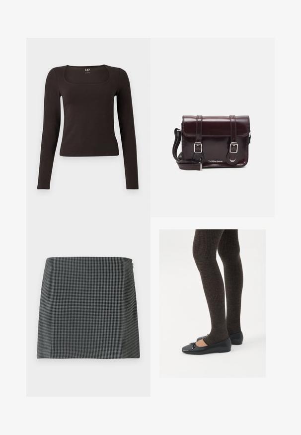 Musta pitkähihainen, slim fit -paita, jossa on neliömäinen kaula-aukko, merkitty GAP, esillä valkoisella taustalla.; Musta-valkoinen ruudullinen hame, joka on valmistettu sileätekstuurisesta kankaasta. Hameessa on suora siluetti ja sivuvetoketjukiinnitys.; Mustat matalat kengät, joissa on pieni nauha varpaissa, yhdistettynä tummanruskeisiin ribattuisiin sukkahousuihin. Kengissä on sileä pinta ja matala profiili.; Burgundin värinen lakattu nahkainen olkapussukka, jossa on suorakulmainen muoto, kaksi hihnaa, hopeiset yksityiskohdat ja läppäkiinnitys.