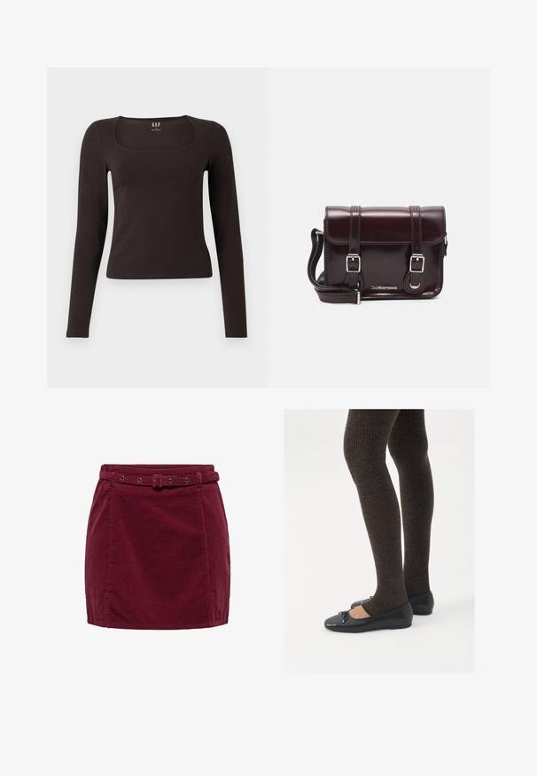 Fekete, hosszú ujjú, elasztikus felső négyzet alakú dekoltázzsal, GAP felirattal, fehér háttér előtt bemutatva.; Burgundi bársony mini szoknya illeszkedő övvel, téglalap alakú csattal és fémbetétekkel, elöl kis nyílásokkal az alsó szegélyen.; Fekete lapos cipők kis masni díszítéssel az orrán, sötétbarna bordázott harisnyával párosítva. A cipők sima textúrával és alacsony profilúak.; Burgundy lakkbőr keresztpántos táska téglalap alakú, két pánttal, ezüst színű szerelvényekkel és fedélzárral.
