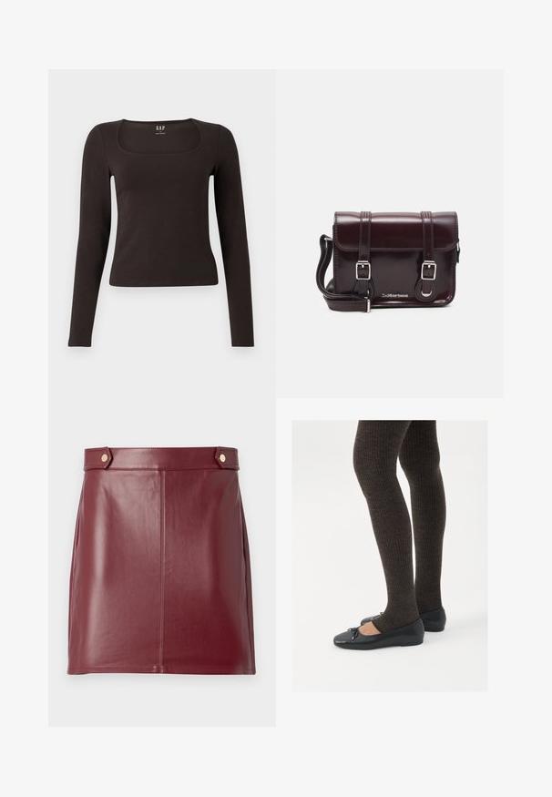 Must musta, sobiv ülikond, neljakandiline kaelus, sildiga GAP, valge tausta peal.; Burgundia nahast mini seelik sujuva tekstuuriga, millel on minimalistlik disain, külgpaneelid ja kaks kuldset nuppu vöökohtade juures.; Mustad mustad kingad väikese teksaga varvaste juures, koos tumedate pruunide ribakangastega. Kingadel on sile tekstuur ja madal profiil.; Burgundi värvi patendiga nahast risti koti, millel on ristkülikuline kuju, kaks rihma, hõbedased detailid ja klapi sulgur.