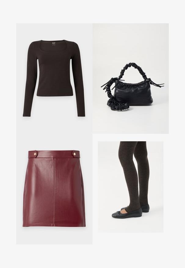 Musta pitkähihainen, slim fit -paita, jossa on neliömäinen kaula-aukko, merkitty GAP, esillä valkoisella taustalla.; Burgundin värinen nahkainen mini-hame, jossa on sileä rakenne, istuva malli, sivupaneelit ja kaksi kultasävyistä nappia vyötäröllä.; Mustat matalat kengät, joissa on pieni nauha varpaissa, yhdistettynä tummanruskeisiin ribattuisiin sukkahousuihin. Kengissä on sileä pinta ja matala profiili.; Must-have mustekahvi nahkalaukku krokotiiliaistalla, kiristetty yläosa ja rypistetty hihna. Näyttää pehmeältä ja kompaktilta muotoilultaan.