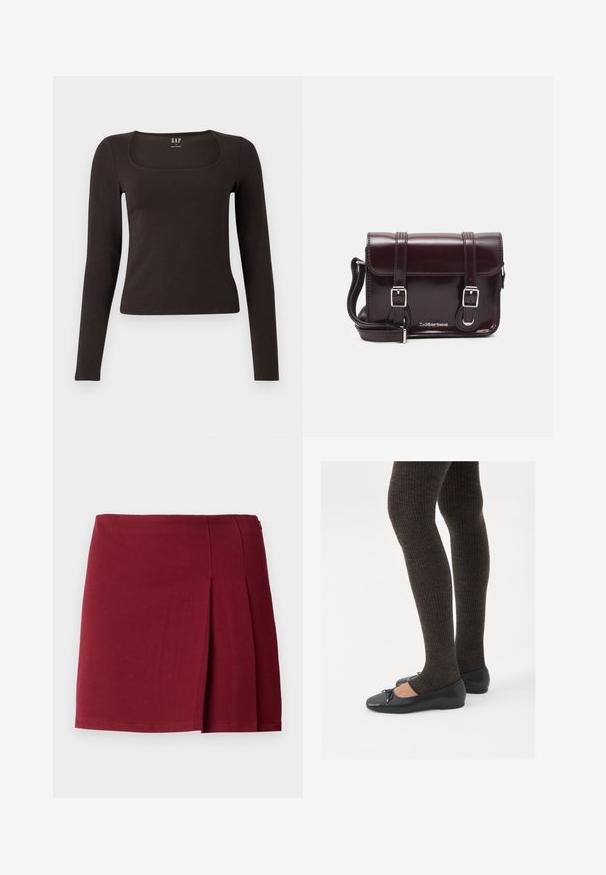Musta pitkähihainen, slim fit -paita, jossa on neliömäinen kaula-aukko, merkitty GAP, esillä valkoisella taustalla.; Burgundy pleated mini skirt med slät textur, åtsittande midja och sidodragkedja. Enkel, minimalistisk design utan mönster.; Mustat matalat kengät, joissa on pieni nauha varpaissa, yhdistettynä tummanruskeisiin ribattuisiin sukkahousuihin. Kengissä on sileä pinta ja matala profiili.; Burgundin värinen lakattu nahkainen olkapussukka, jossa on suorakulmainen muoto, kaksi hihnaa, hopeiset yksityiskohdat ja läppäkiinnitys.