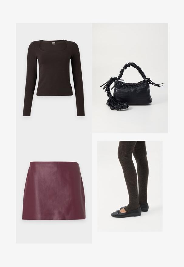 Haut noir à manches longues, ajusté, avec un décolleté carré, étiqueté GAP, affiché sur un fond blanc.; Mini jupe en cuir bordeaux lisse avec une coupe droite et sans embellissements ni fermetures visibles.; Chaussures plates noires avec un petit nœud au niveau des orteils, associées à des collants côtelés marron foncé. Les chaussures ont une texture lisse et un profil bas.; Sac à main en simili cuir noir avec une texture crocodile, un dessus resserré et une sangle froncée. A l'apparence douce et compacte.