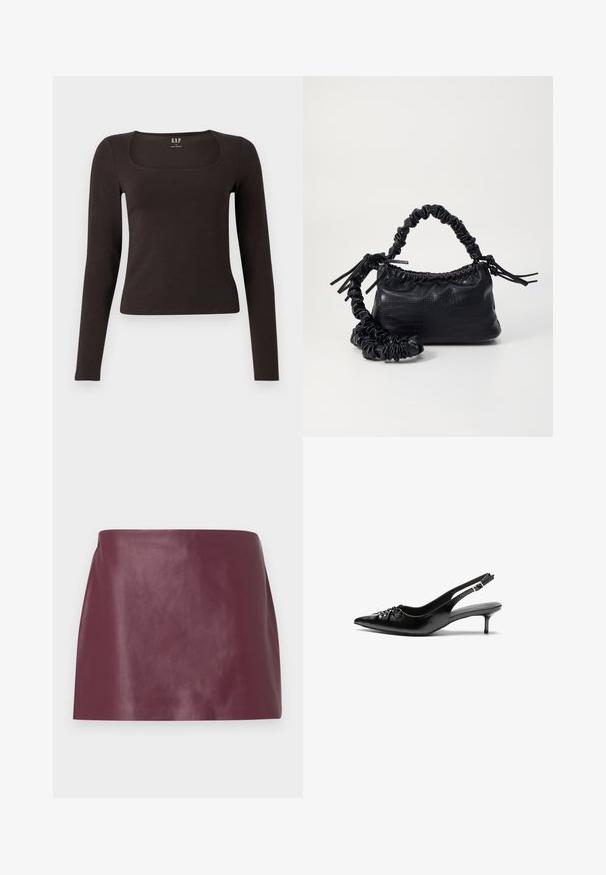 Haut noir à manches longues, ajusté, avec un décolleté carré, étiqueté GAP, affiché sur un fond blanc.; Mini jupe en cuir bordeaux lisse avec une coupe droite et sans embellissements ni fermetures visibles.; Des escarpins en cuir noir à talon slingback, avec un bout pointu, un petit talon kitten et un détail de nœud décoratif à l'avant. Texture lisse sur toute la surface.; Sac à main en simili cuir noir avec une texture crocodile, un dessus resserré et une sangle froncée. A l'apparence douce et compacte.