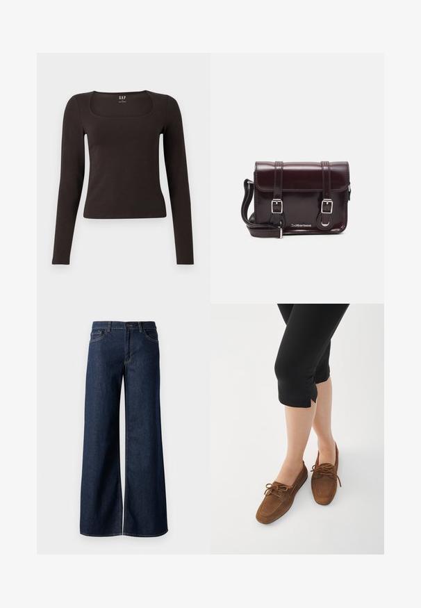 Haut noir à manches longues, ajusté, avec un décolleté carré, étiqueté GAP, affiché sur un fond blanc.; Jean large en denim bleu foncé. Présente des coutures contrastées, cinq poches et une fermeture par bouton à la taille. Texture lisse.; Mocassins en suede marron avec un bout rond, des accents en dentelle et un profil bas. Portés avec des leggings noirs coupés sur un fond blanc.; Sac à bandoulière en cuir verni bordeaux, de forme rectangulaire, avec deux bandoulières, des accessoires en argent et une fermeture à rabat.
