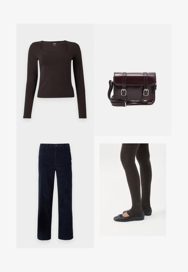 Black long-sleeve, fitted top with a square neckline, labeled GAP, displayed on a white background.; Navy corduroy pants with straight legs, featuring a button closure and textured fabric. No visible patterns or accents.; Black flat shoes with a small bow detail at the toe, paired with dark brown ribbed tights. Shoes have a smooth texture and low profile.; Burgundy patent leather crossbody bag with a rectangular shape, two straps, silver hardware, and a flap closure.