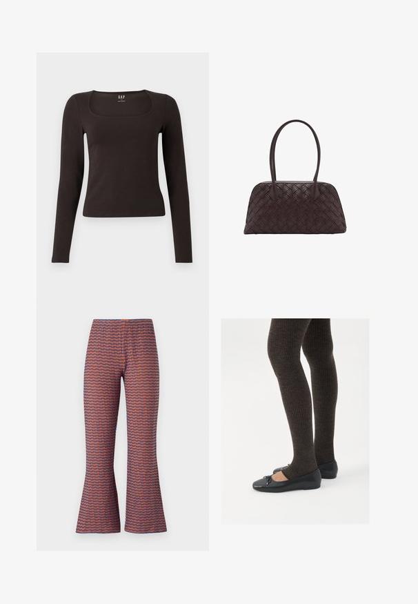Černý dlouhý rukáv, přiléhavý top se čtvercovým výstřihem, označený značkou GAP, vystavený na bílém pozadí.; Kalhoty s rozšířenými nohavicemi a vlnkovým vzorem v oranžové a modré barvě, vyrobené z texturované látky, s elastickým páskem pro pohodlí.; Černé ploché boty s malou mašlí na špičce, kombinované s tmavě hnědými žebrovanými punčochami. Boty mají hladký povrch a nízký profil.; Tkaná hnědá kožená kabelka zaobleného tvaru, s dvojitými horními uchy a hladkým povrchem; obsahuje jemné prošívání jako designový detail.