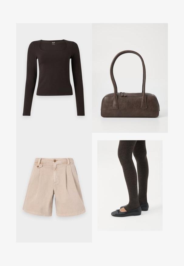 Haut noir à manches longues, ajusté, avec un décolleté carré, étiqueté GAP, affiché sur un fond blanc.; Shorts en coton beige avec un design plissé, dotés de deux poches avant, d'une coupe droite et d'une fermeture à un bouton à la taille.; Chaussures plates noires avec un petit nœud au niveau des orteils, associées à des collants côtelés marron foncé. Les chaussures ont une texture lisse et un profil bas.; Sac à main en cuir marron avec deux poignées robustes, de forme rectangulaire, texture lisse et fermeture zippée. Design minimaliste sans motifs visibles.