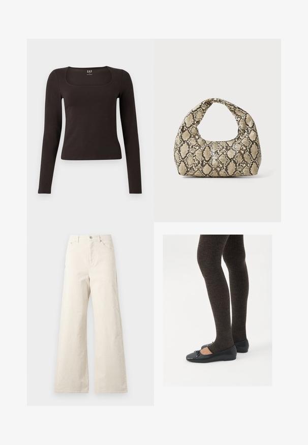 Czarny, długi rękaw, dopasowana bluzka z kwadratowym dekoltem, oznaczona marką GAP, wyeksponowana na białym tle.; Beżowe spodnie o szerokich nogawkach wykonane z bawełny, z zapięciem na guzik z przodu, bocznymi kieszeniami i gładką fakturą. Minimalistyczny design bez wzorów.; Czarne płaskie buty z małym kokardkowym detalem na palcach, zestawione z ciemnobrązowymi rajstopami w prążki. Buty mają gładką teksturę i niski profil.; Torebka w wężowy wzór z zakrzywionym uchwytem. Wykonana z teksturowanych, beżowych i brązowych materiałów, z charakterystycznym wzorem w diamenty.